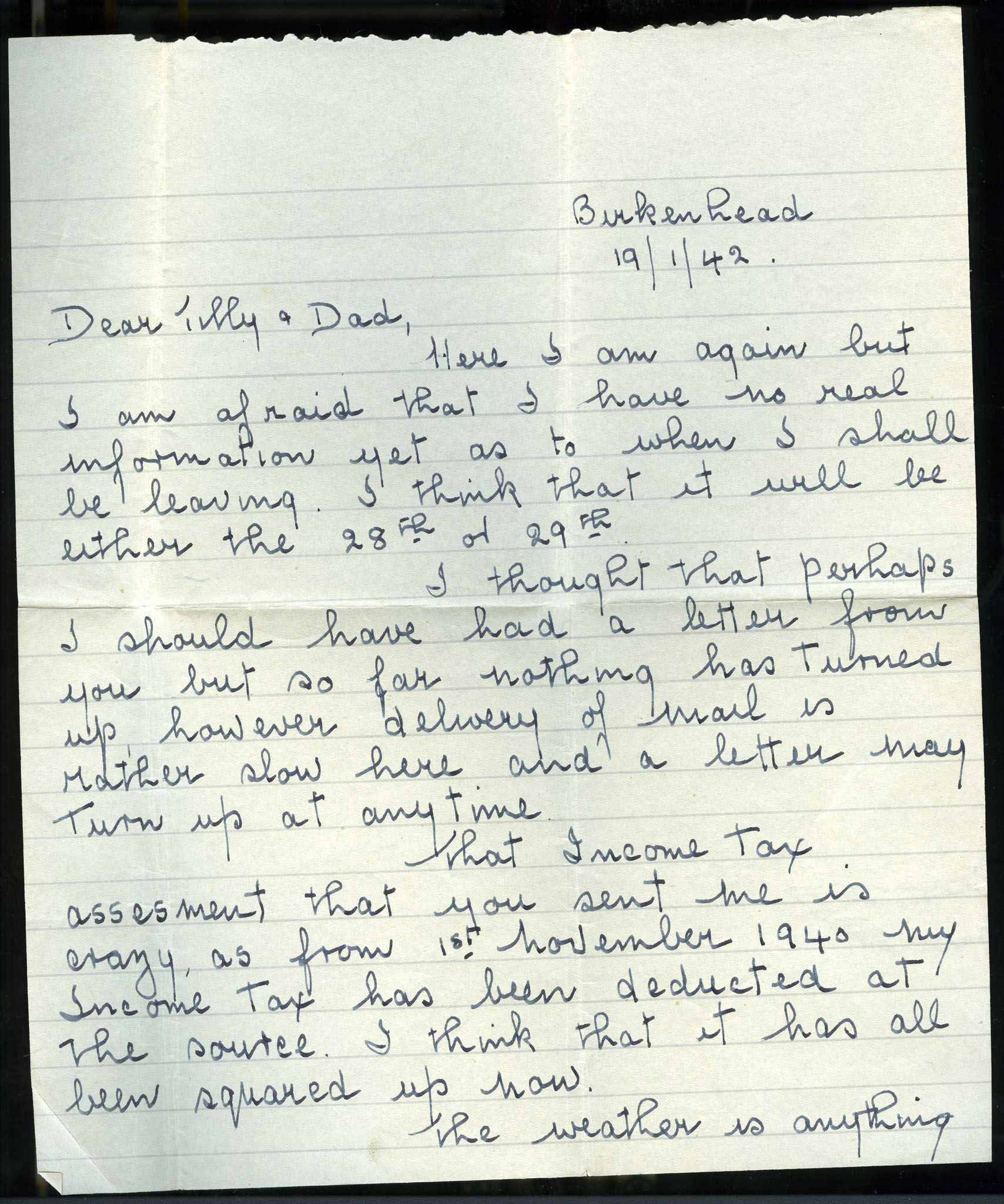 Page one of two – Addressed to Tilly and Dad from Bill (William). Sent ...