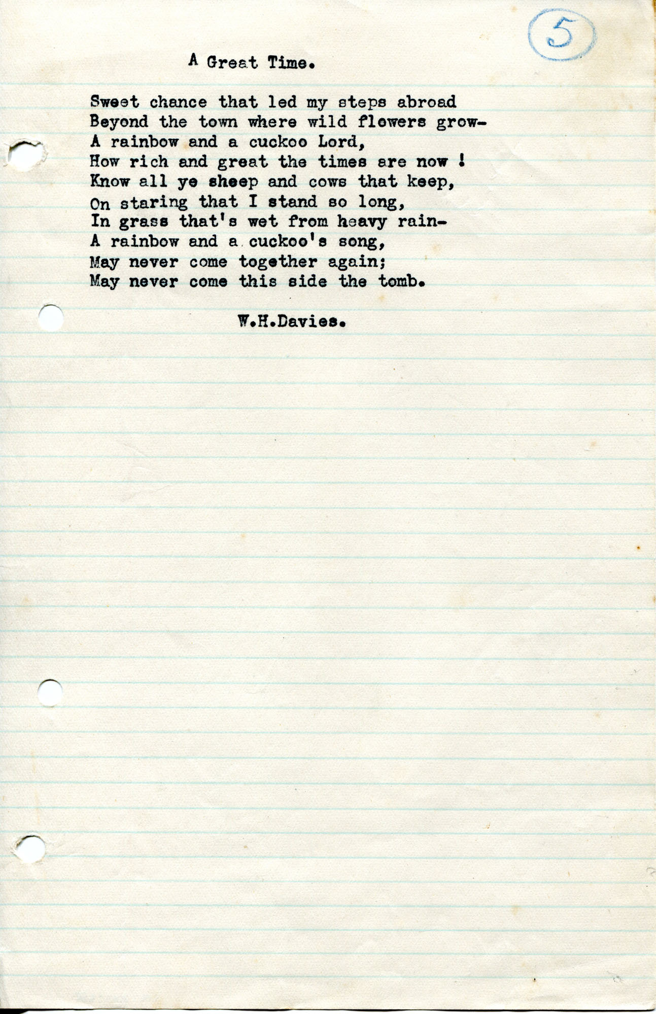 Typed poem on lined paper titled, ‘A Great Time’ by W. H. Davies. – NI ...