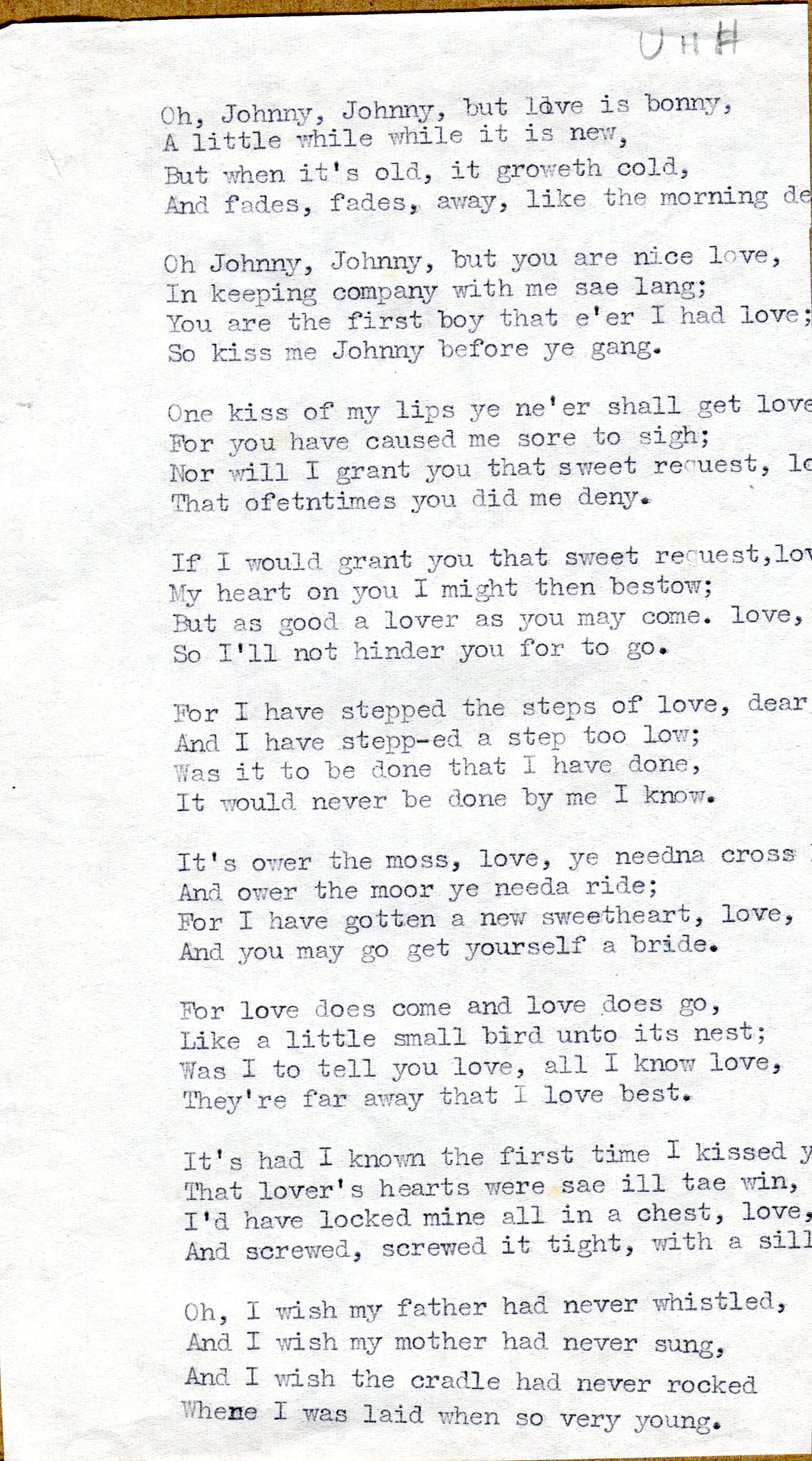 Typed Words To Oh Johnny Johnny Uhh Handwritten In Pencil Top Right Corner Ni Archive