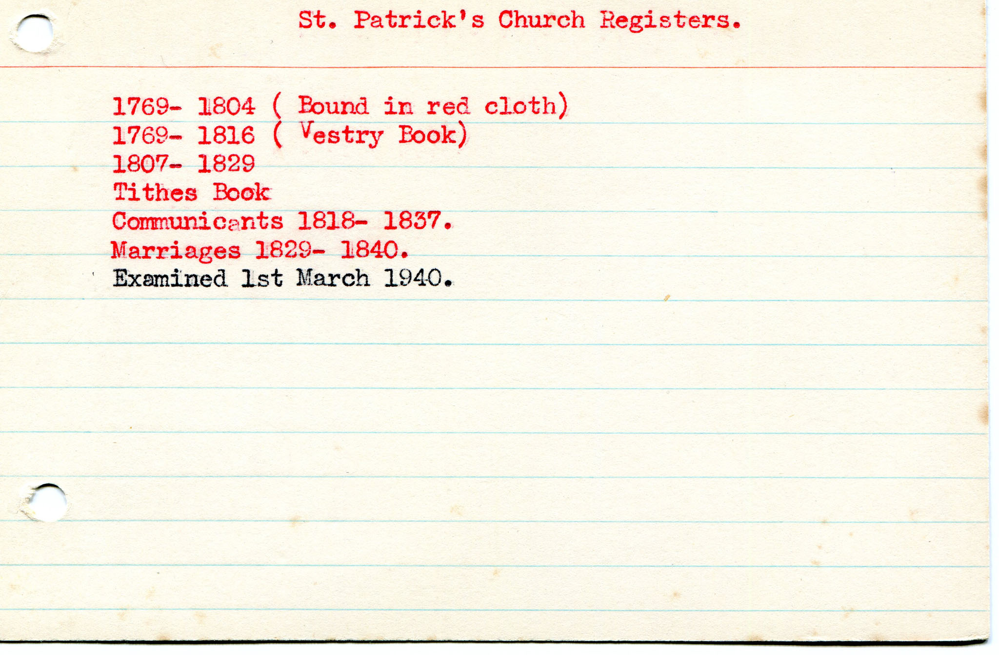 Typed notes on lined card titled, ‘St. Patrick’s Church Registers ...