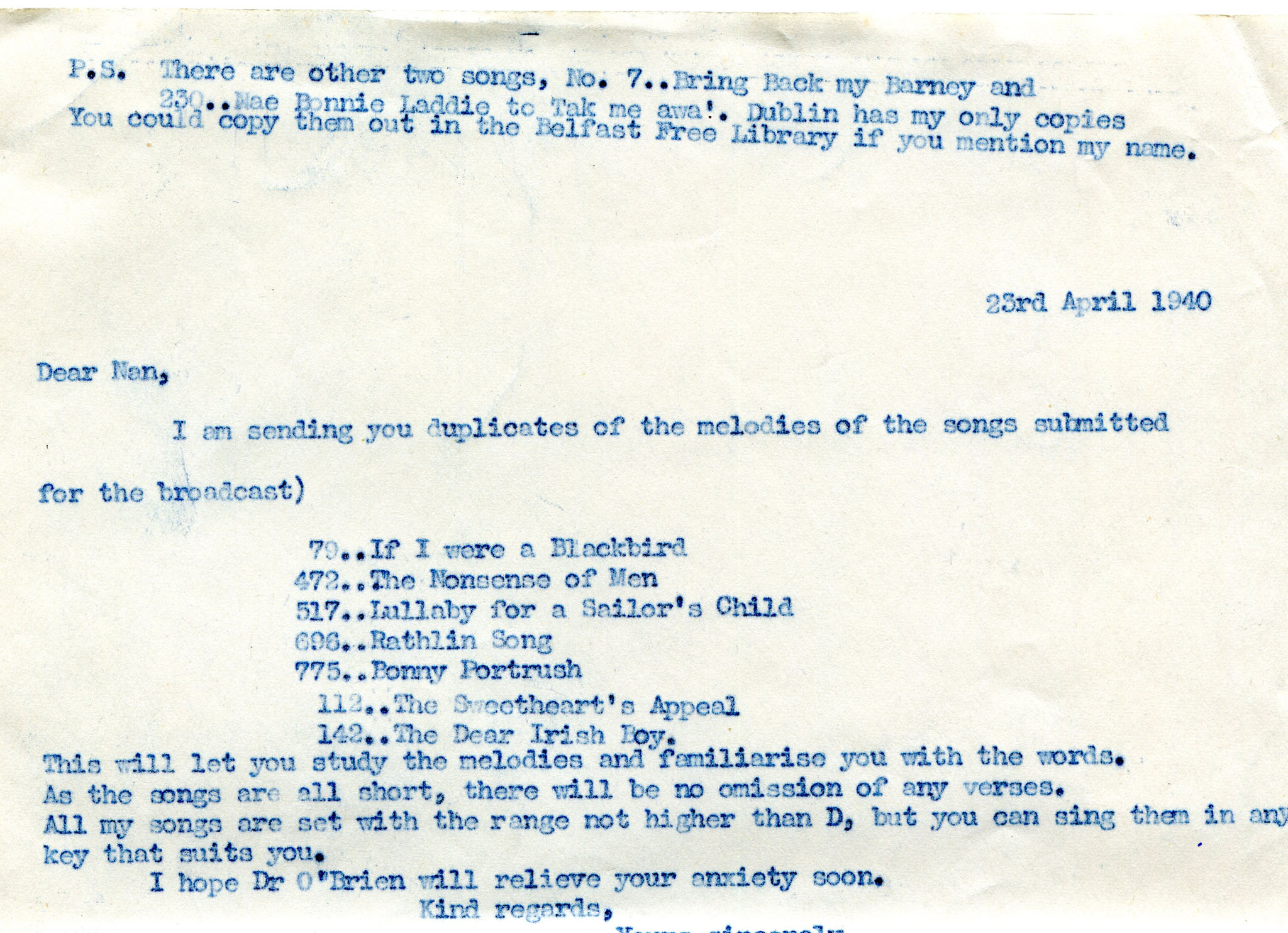 Typed letter to Nan from Sam Henry. Sending duplicates of melodies for ...