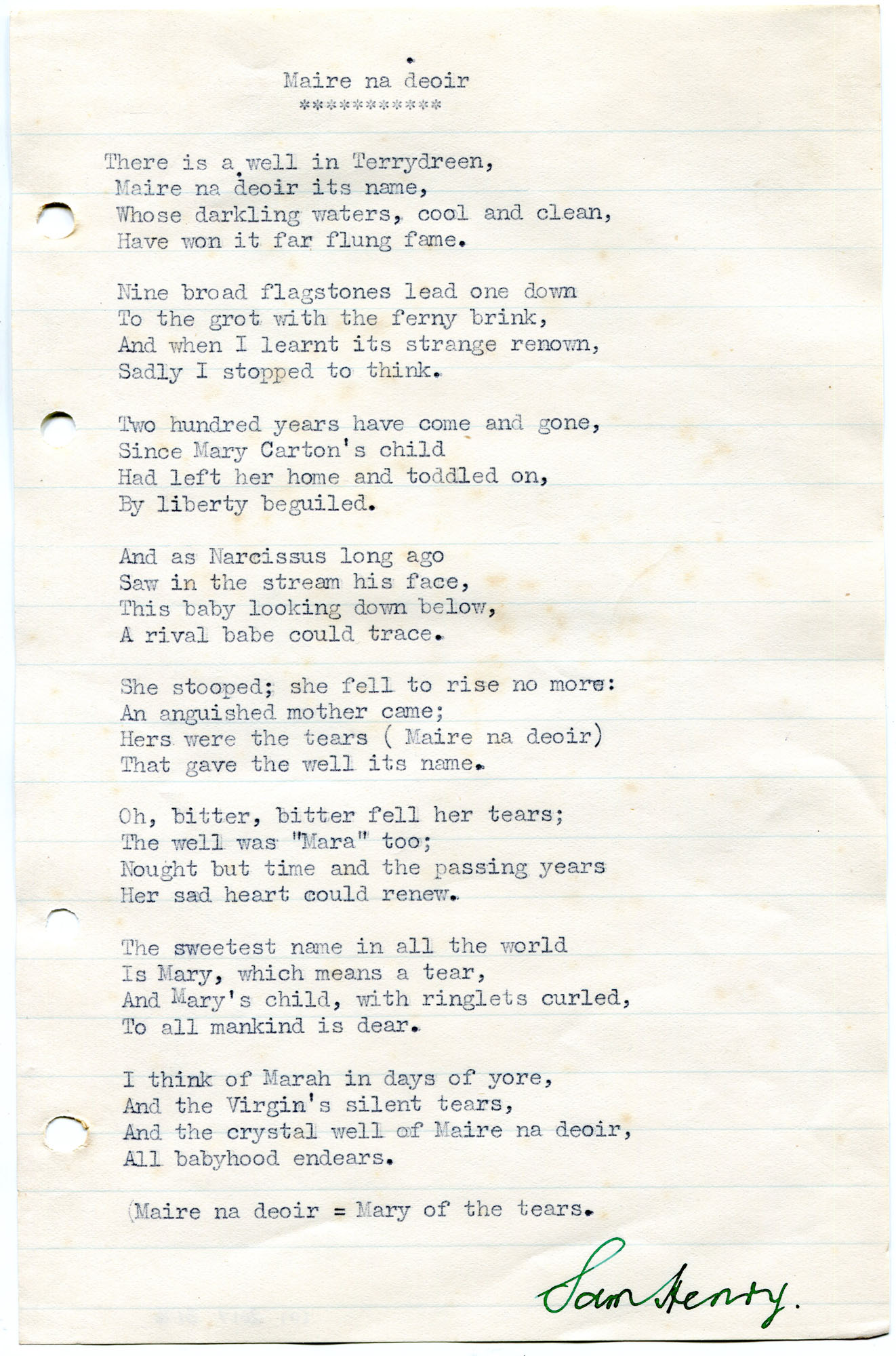 Typed poem on lined paper titled, 'Maire na deoir' meaning 'Mary of the  Tears' by Sam Henry. Mentions Terrydreen [in County Londonderry] and Mary  Cart… – NI Archive