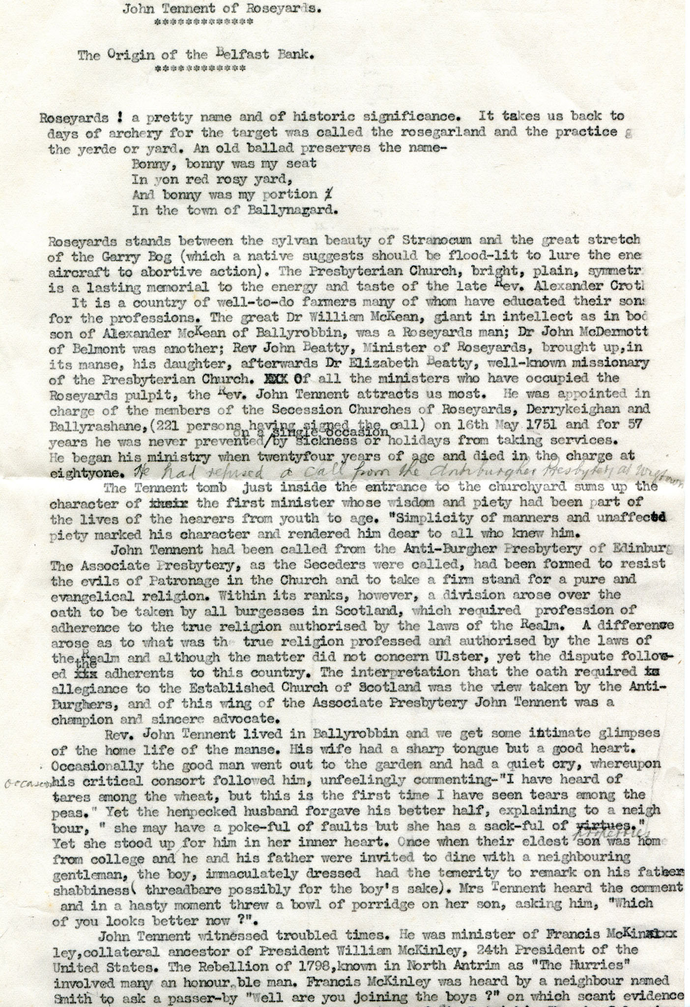 Page 1 of 2. Typed document by Sam Henry, Sandelford, Coleraine, titled ...