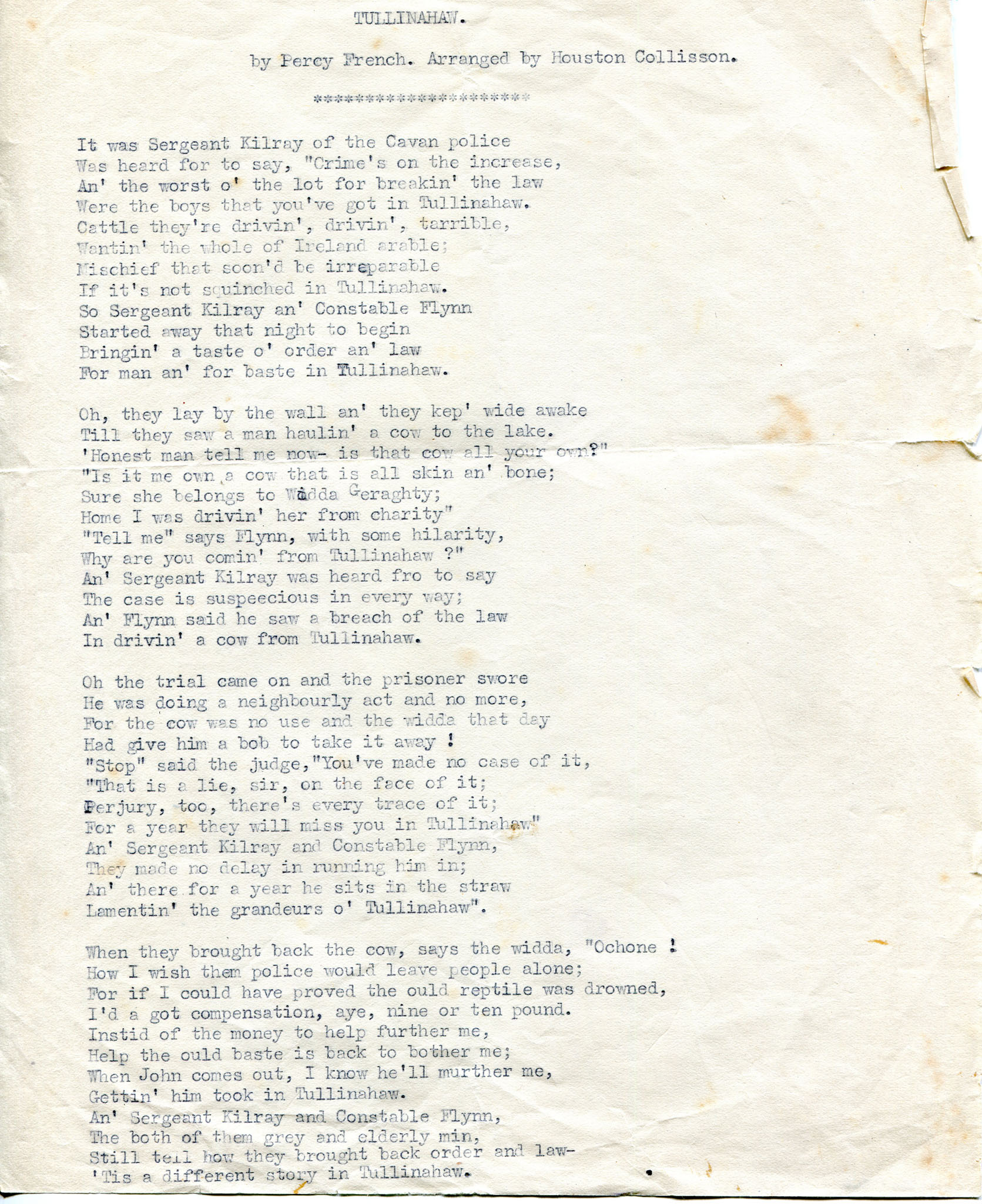 Typed poem or words to a song titled, ‘Tullinahaw’. ‘By Percy French ...