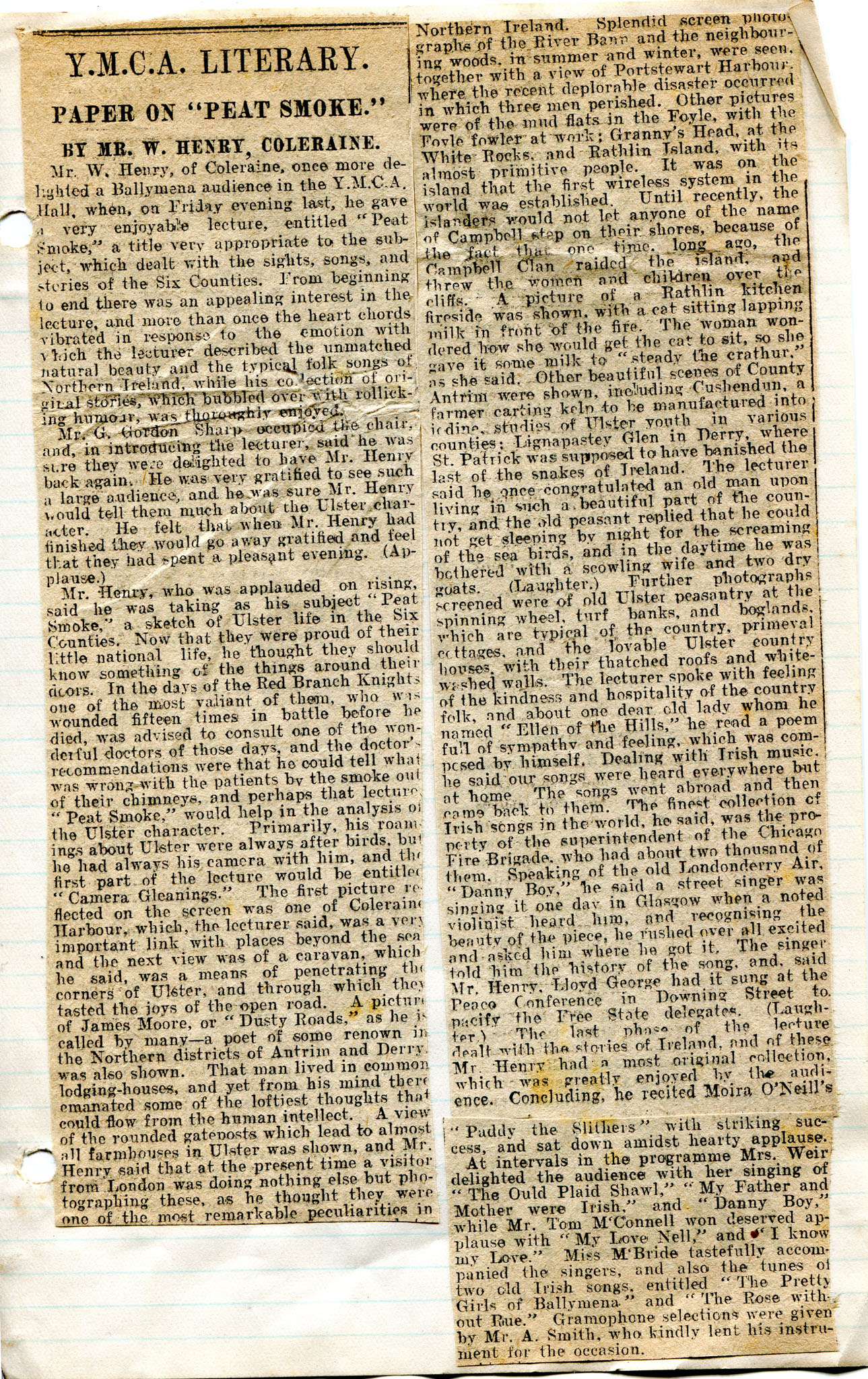 Newspaper article cut out and stuck to paper, two columns. Titled, Y.M ...