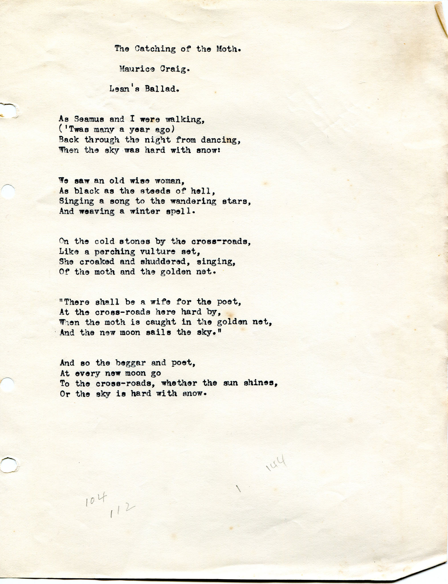 Typed song titled, ‘The Catching of the Moth’. By Maurice Craig. ‘Lean ...