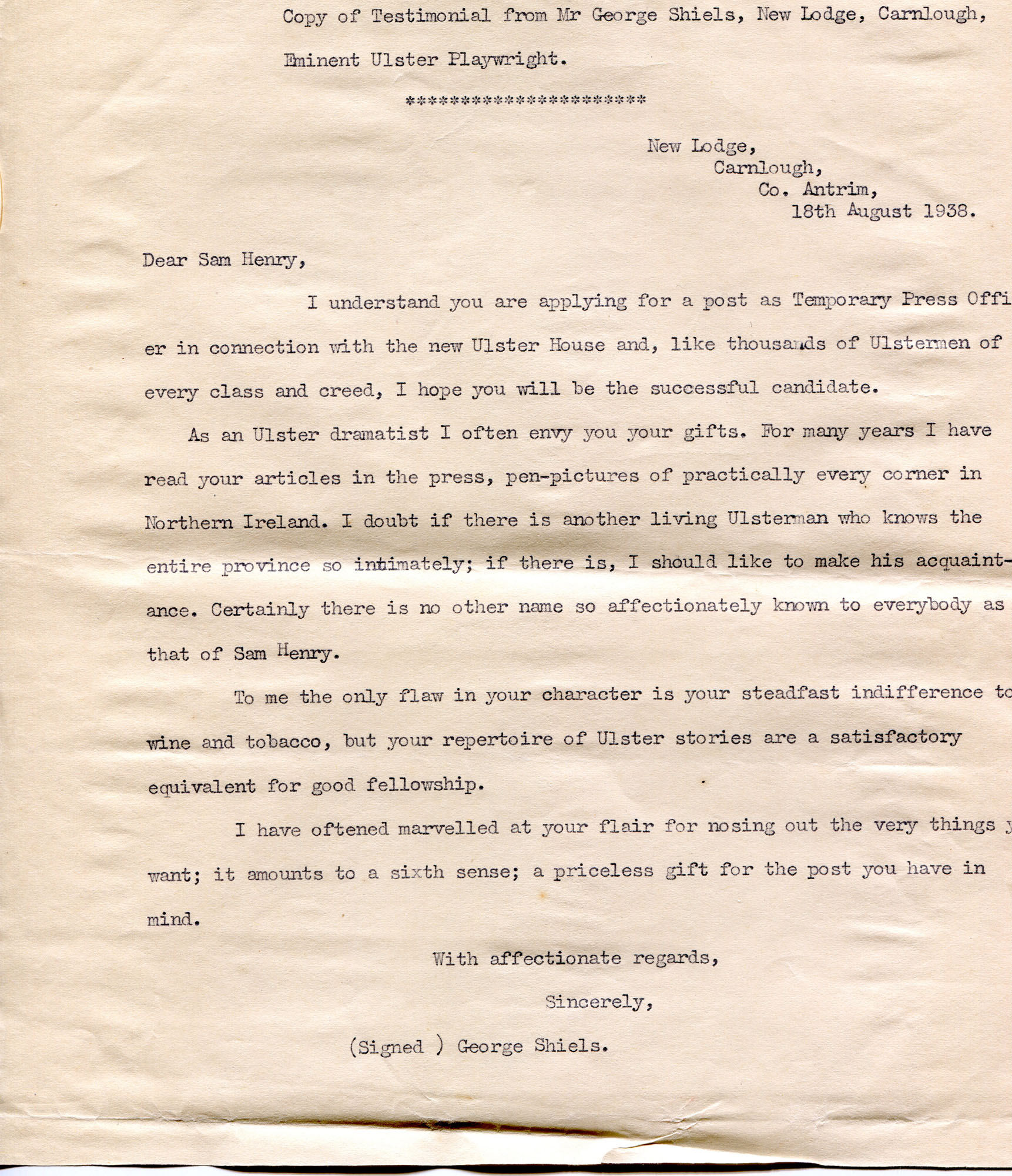 Typed transcription by Sam Henry of a typed letter to Sam. Re ...