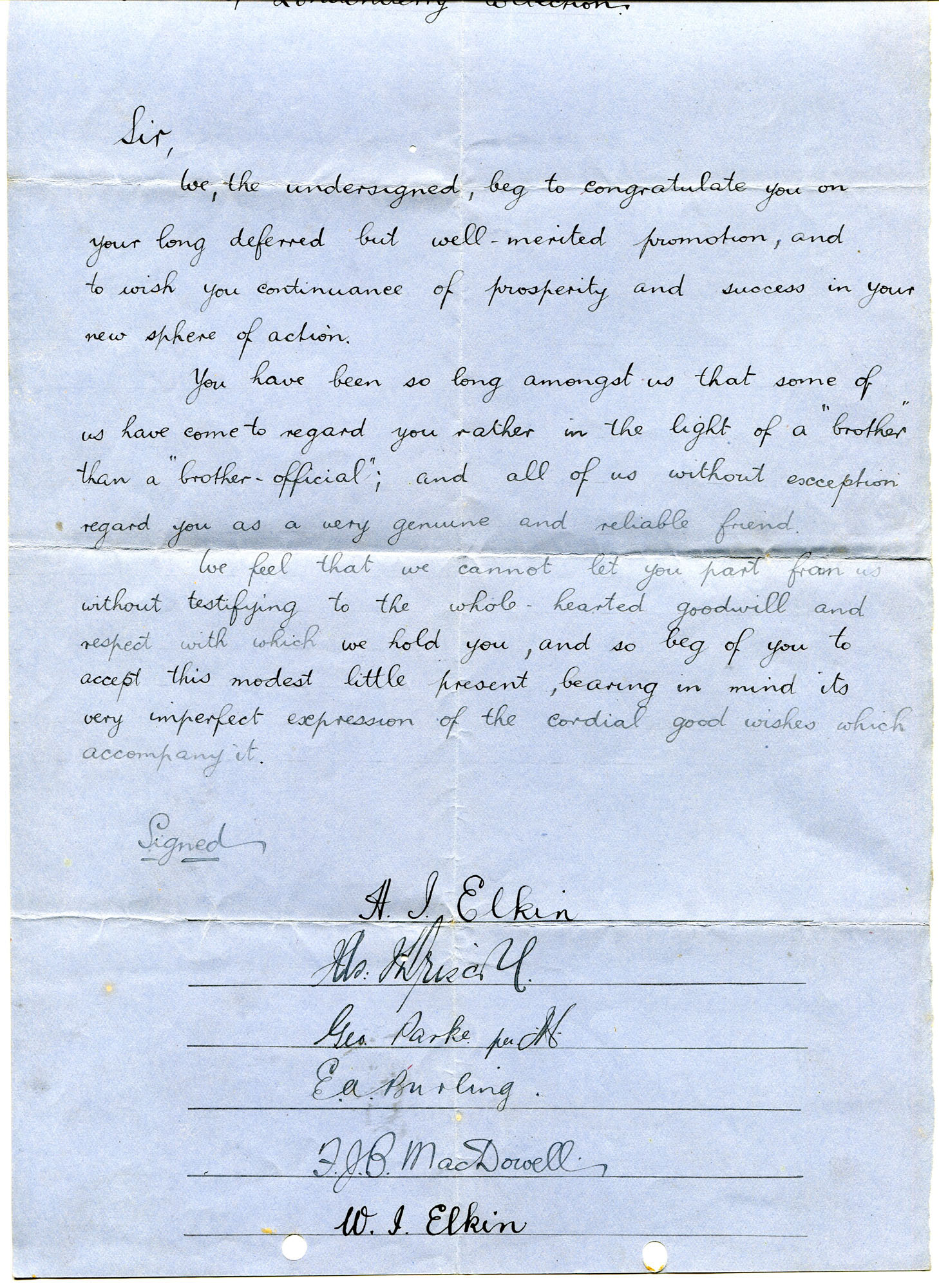 Handwritten letter on blue coloured paper to Samuel Henry, Officer of ...