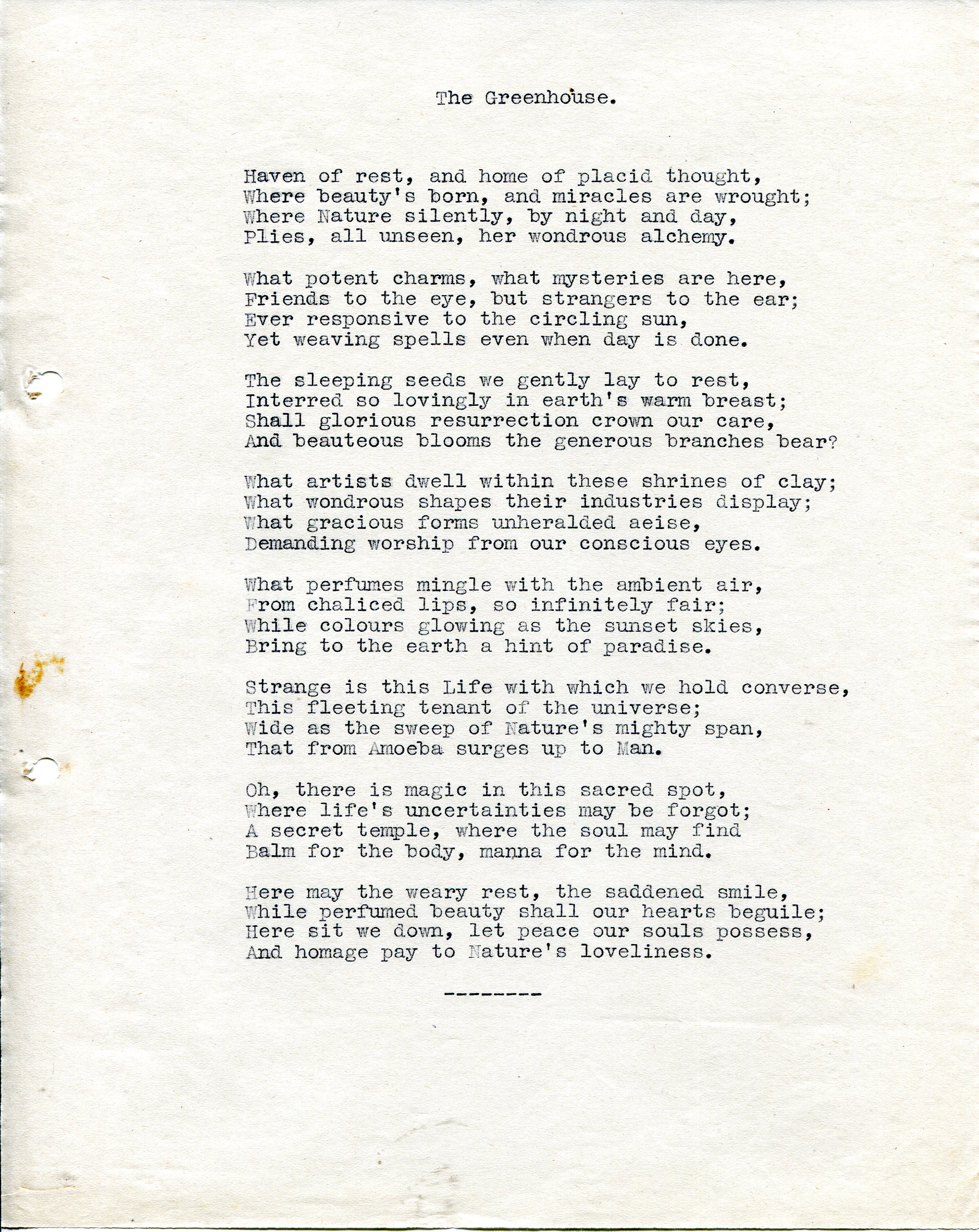 Typed poem titled, ‘The Greenhouse’. – NI Archive