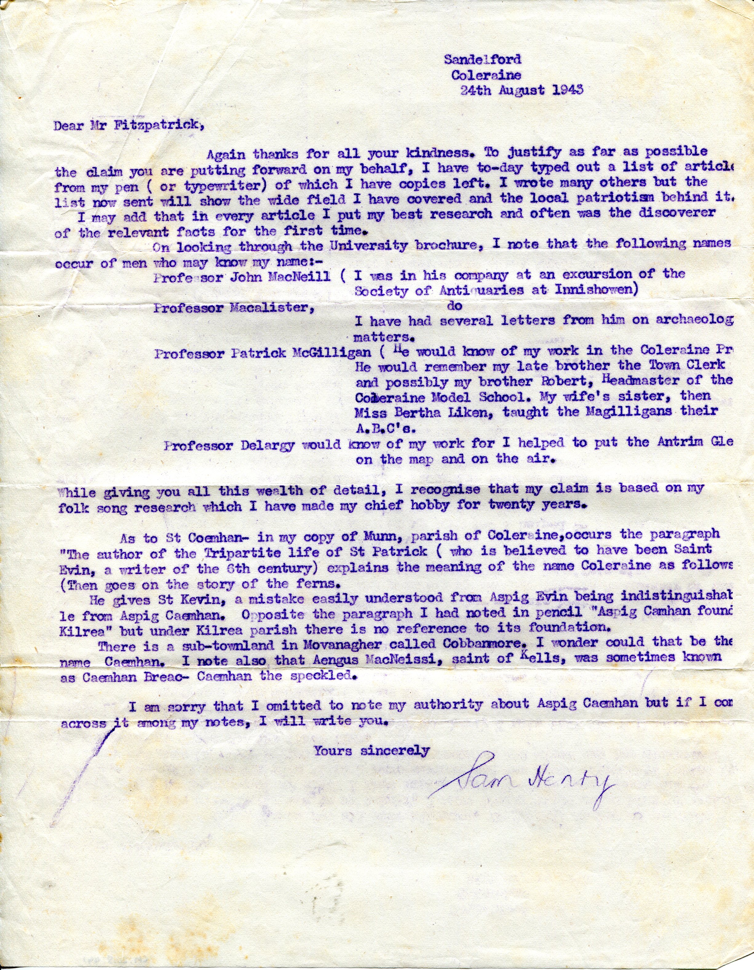 Carbon copy of a typed letter to Mr [Bryan] Fitzpatrick from Sam Henry ...