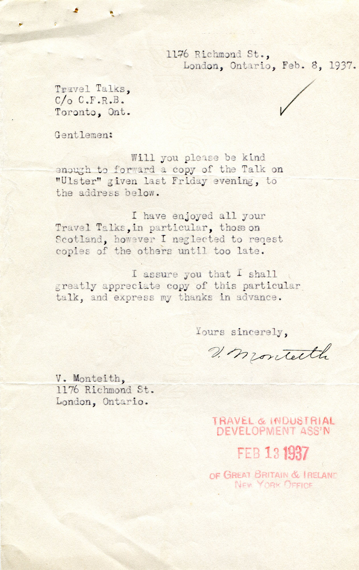 Typed letter to Radio Station C.F.R.B. Toronto from V. Monteith ...