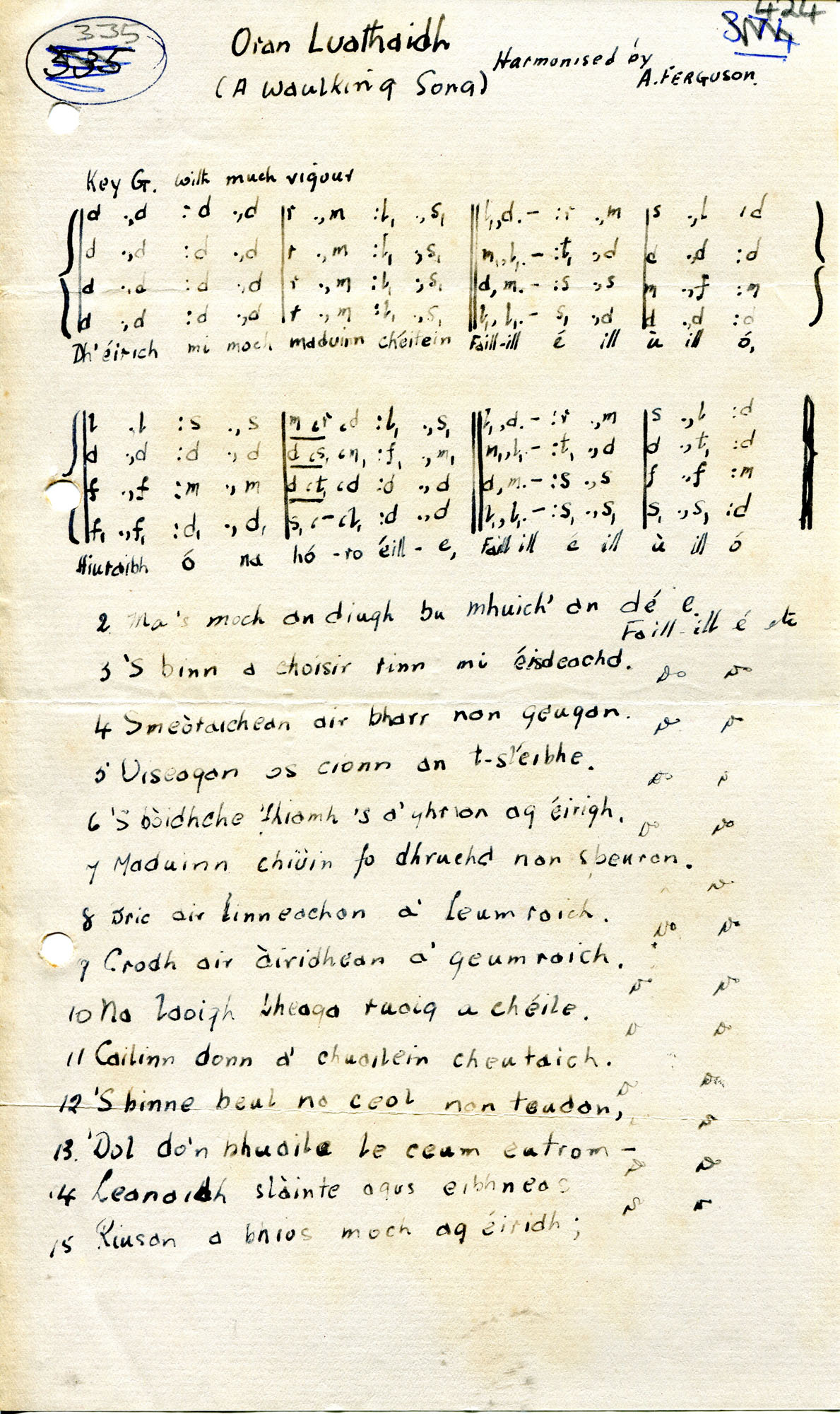 Handwritten tonic sol-fa notation and words to song in Irish/Gaelic ...