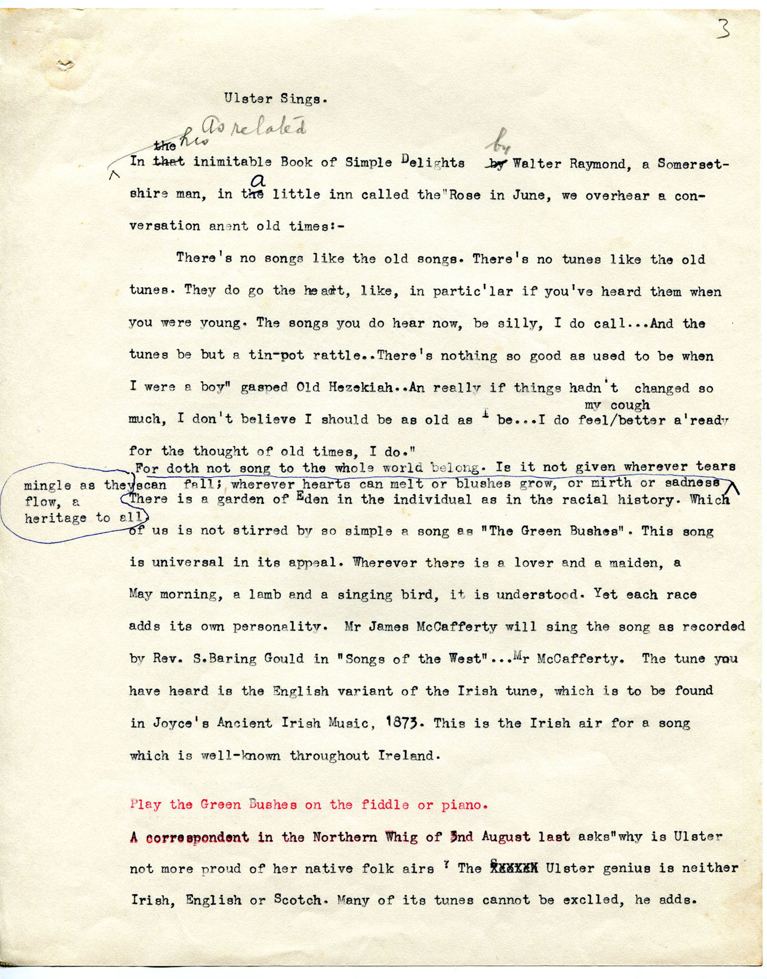 Script Instruction Ireland One of 4 pages of script under heading ‘Ulster Sings’. For broadcast ...