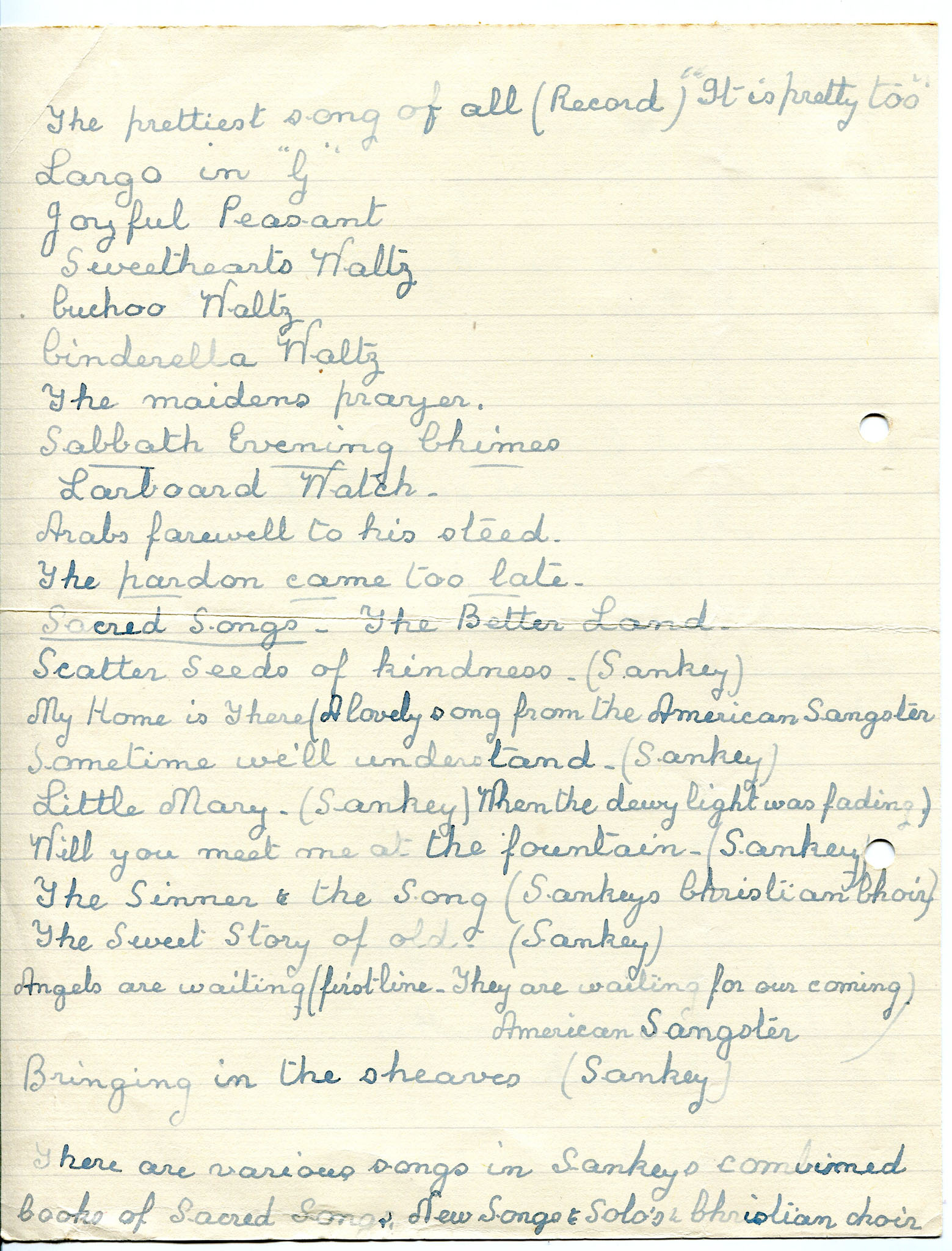 One of 3 pages of handwritten letter, with list of song titles and ...